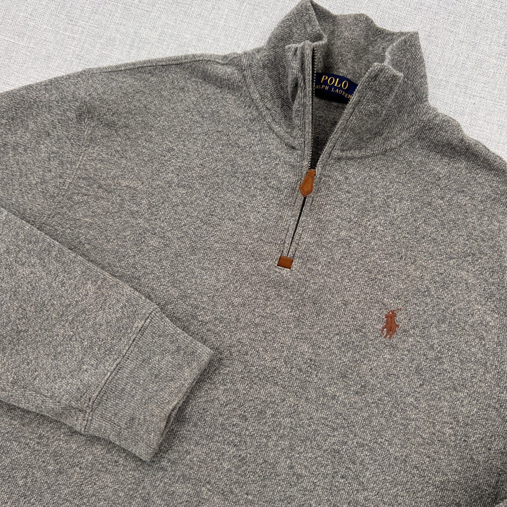 Polo Ralph Lauren Quarter Zip Sweater Men Medium Gray Pony Preppy Smart Ivy 1/4 - Picture 2 of 10